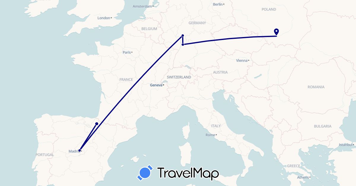TravelMap itinerary: driving in Germany, Spain, Poland (Europe)